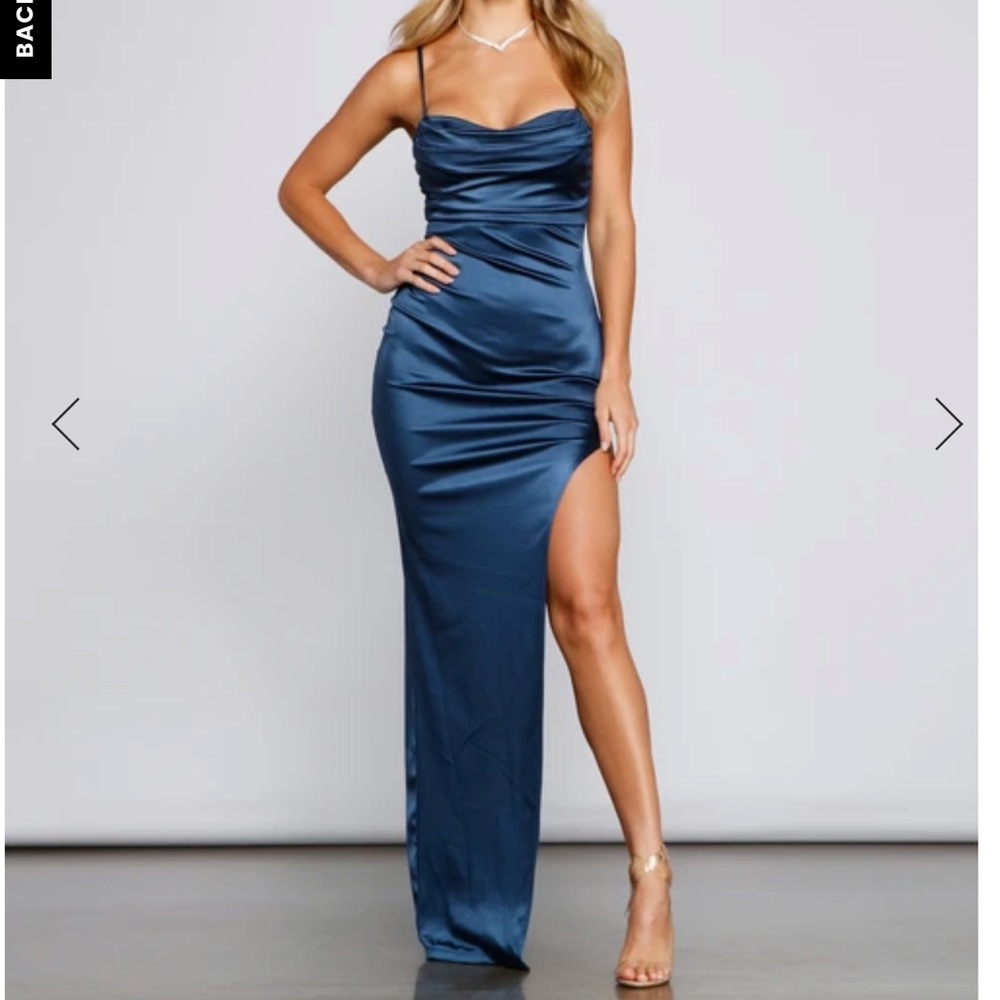 Windsor high slit satin dress in denim